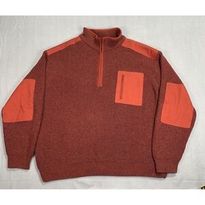 Cabelas Mens 2XL Quarter Zip Knit Sweater Rust Orange Elbow Patches